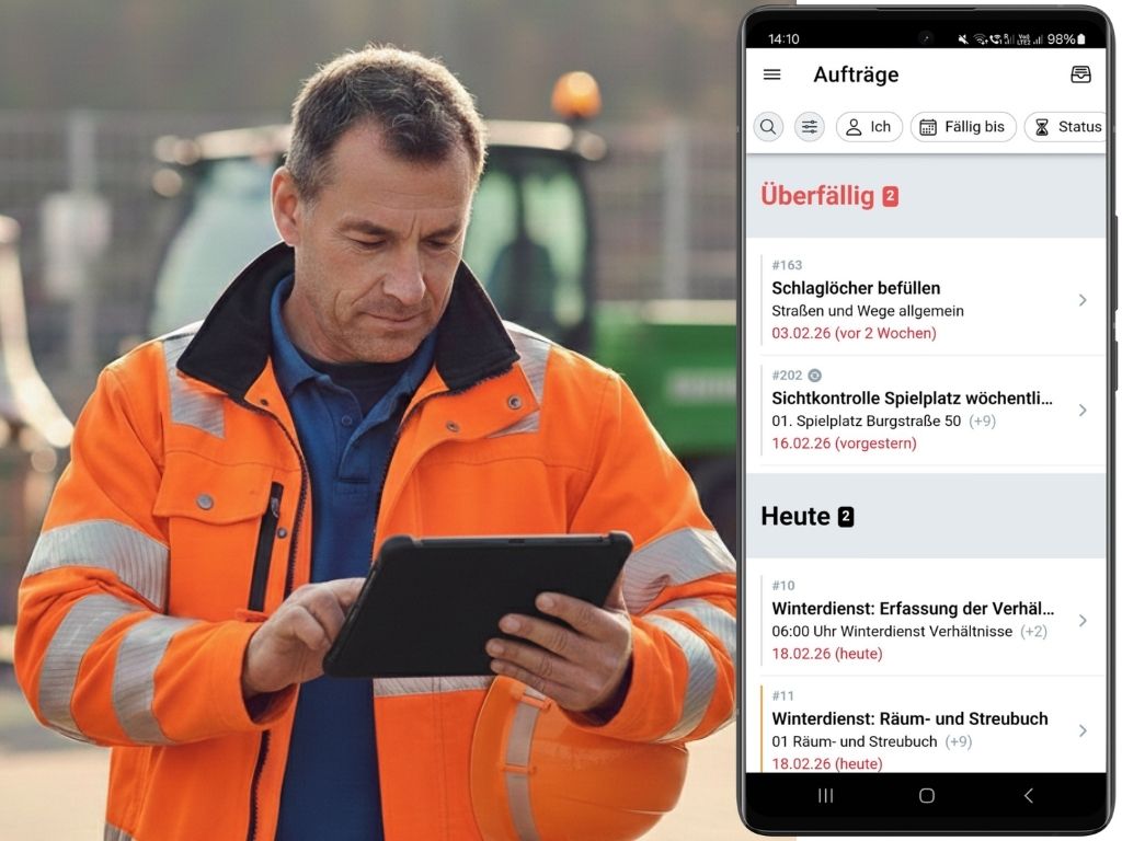 Bauhof-Mitarbeiter nutzt die upkeepr Software für Bauhöfe in der mobilen Ansicht auf einem Smartphone zur digitalen Erfassung von Aufgaben.