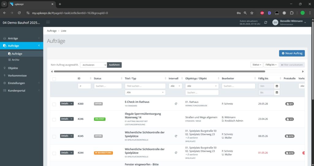 Screenshot der Auftragsübersicht in der upkeepr Webversion