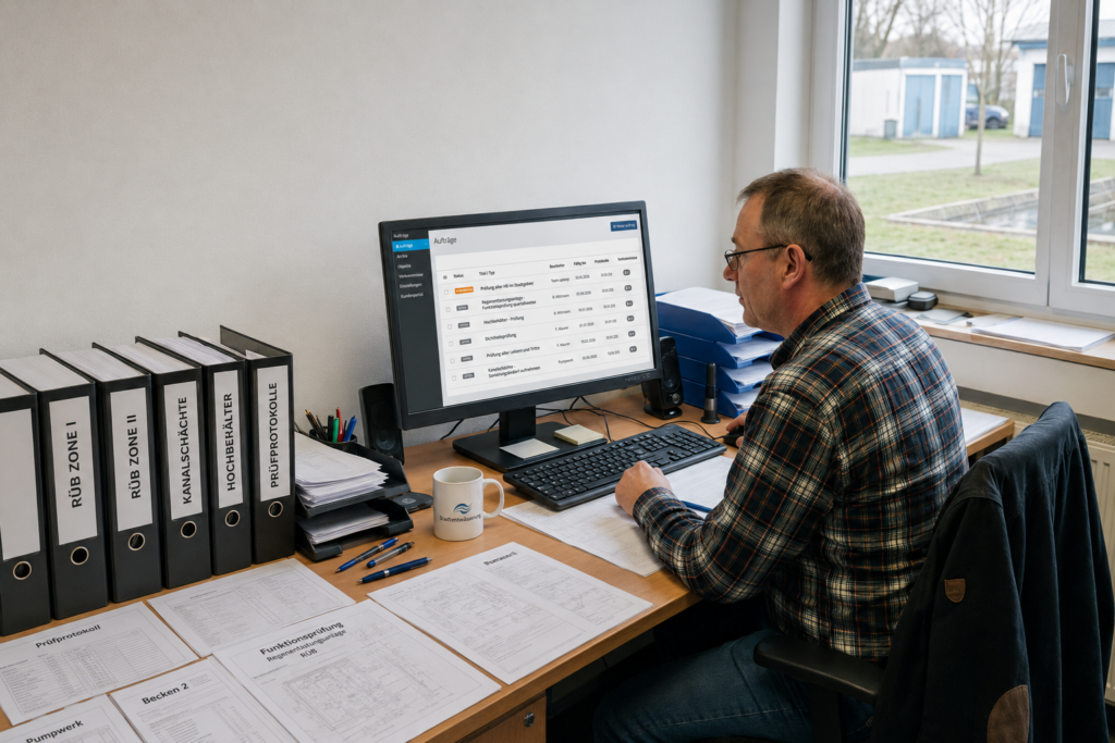 Arne Meixner von der Stadtentwässerung Musterhasuen sitzt an seinem PC vor upkeepr und organisiert die Prüfungen seiner Regenbecken digital.