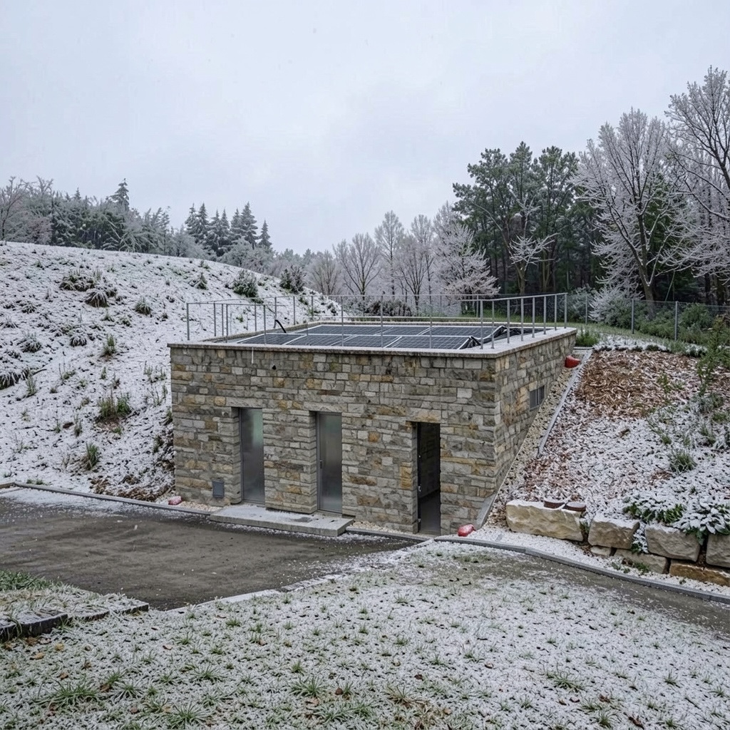 Ein Hochbehälter-Betriebsgebäude im Winter.