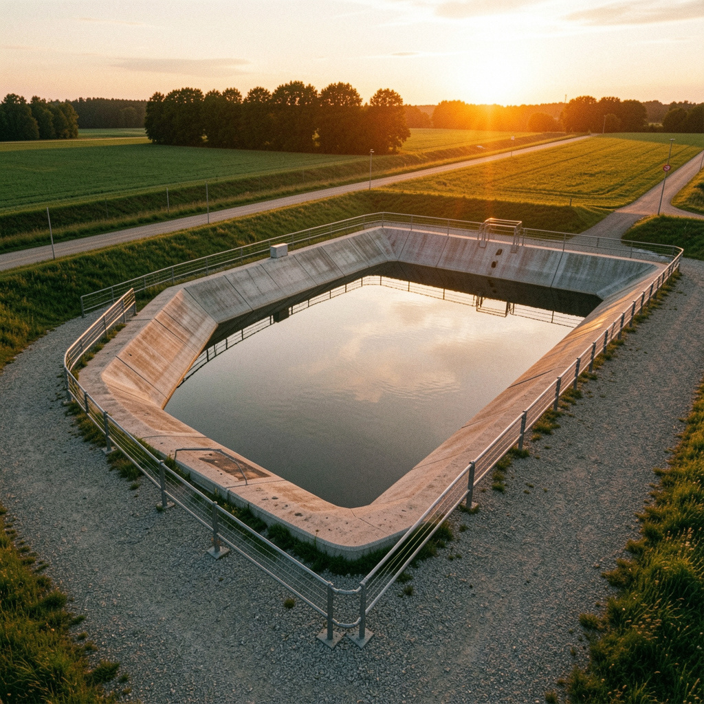 Ein Regenbecken in abendlicher Landschaft.