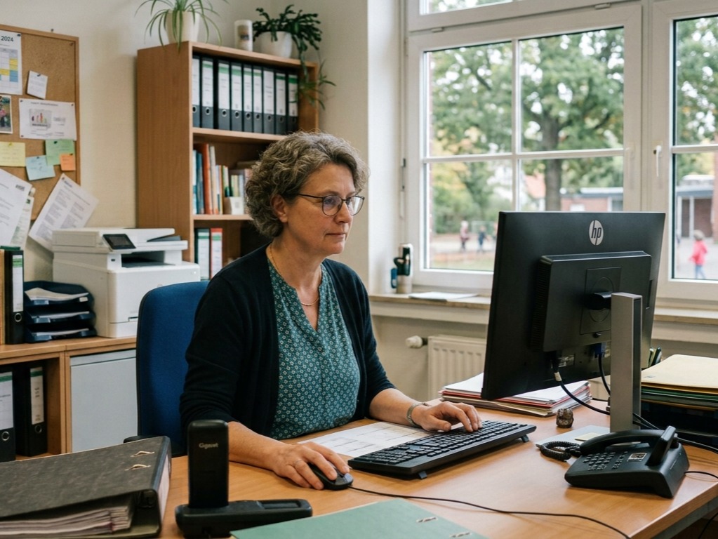 Eine Schulsekretärin arbeitet fokussiert am Computer mit upkeepr.