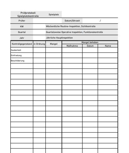 PDF Vorlage kostenlos Spielplatzkontrolle Prüfprotokoll PDF Vorlage kostenlos Spielplatzkontrolle Prüfprotokoll