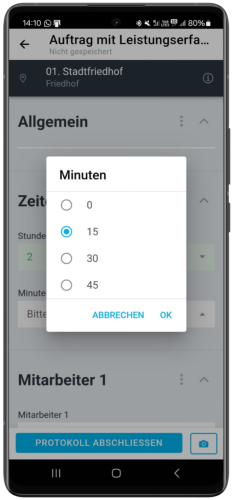 Die upkeepr Bauhof-Software in der mobilen Ansicht auf einem Smartphone zur digitalen Erfassung von Leistungen