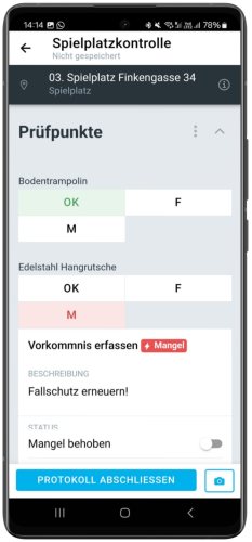 Mockup einer Spielplatzkontrolle in der upkeepr App