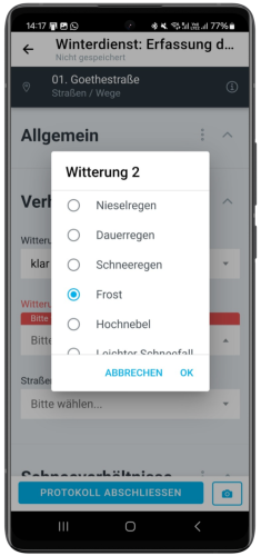 Ansicht der Winterdienst-Erfassung in der upkeepr App auf dem Smartphone